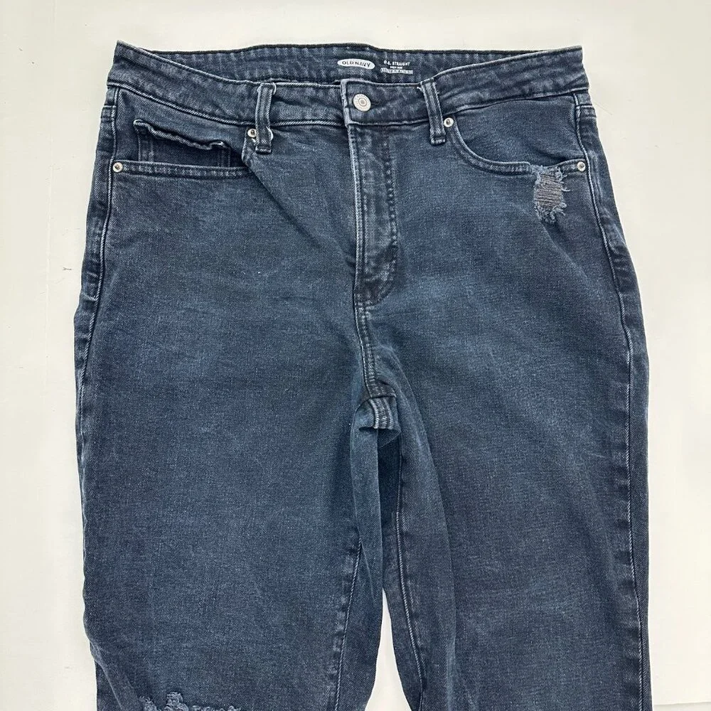 Old Navy OG Straight High Rise Distressed Women's‎ size 12 Dark Blue Denim Jeans